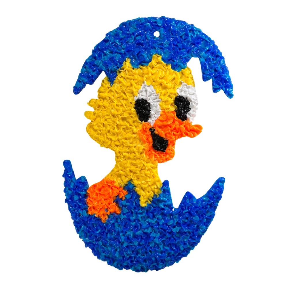 Vintage Easter Popcorn Plastic Melted Decoration Yellow Chick Blue Egg 16 Inch